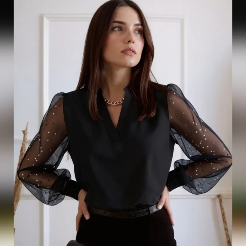 Chic Black Blouse with Sheer Embellished Sleeves